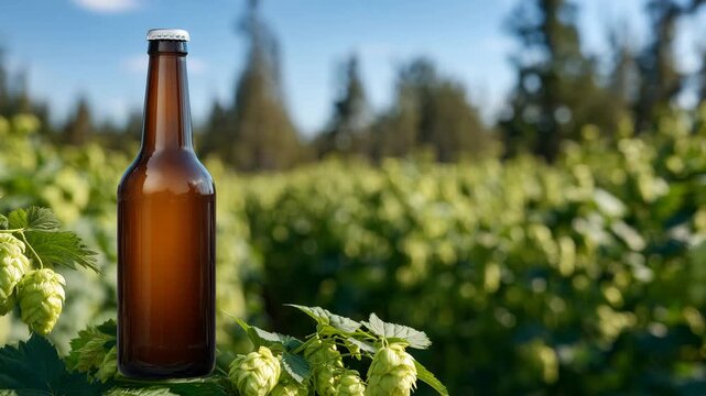 47Sunny farm scene with amber beer bottle in the foreground, rows of vibrant hop plants in background, cones glowing under harvest-season sun, emphasizing natural ingredients