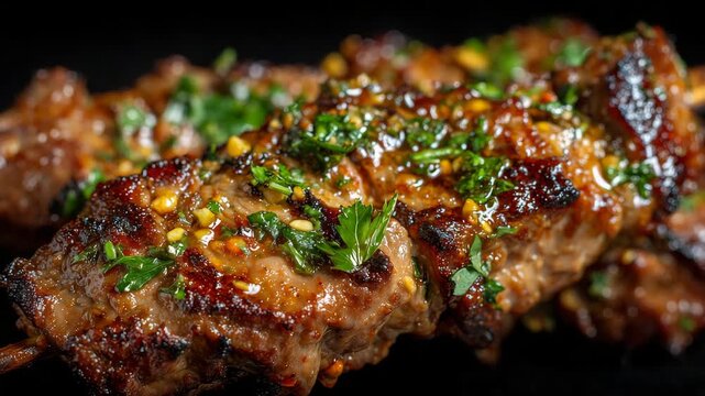 47Macro view of tender roasted meat on skewers coated with spicy glaze, fibers and grill pattern visible, illuminated by warm highlights on a black velvet background.