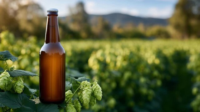 48Sunny farm scene with amber beer bottle in the foreground, rows of vibrant hop plants in background, cones glowing under harvest-season sun, emphasizing natural ingredients