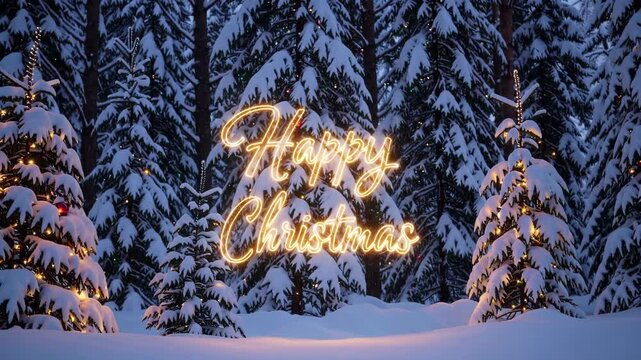 Snow-covered pine trees adorned with festive lights create a serene winter wonderland in a forest. the glistening snow and warm glow of the lights enhance the enchanting holiday atmosphere, perfect fo