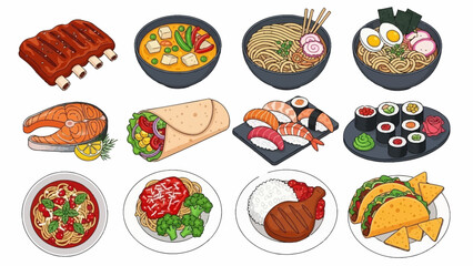 Delicious Assortment of Global Cuisine A Colorful Illustration of Diverse Dishes and Flavors