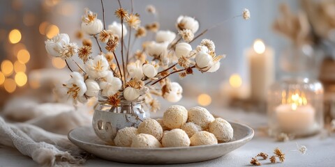 Obraz premium Nordic holiday dessert table with coconut treats, cotton flower decor, and glowing candles for cozy winter celebrations