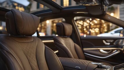 59Luxurious S-class interior captured from a low, intimate angle, focusing on the fine-grain brown leather seats, chrome trim, and soft illuminated panels that emphasize exclusivity