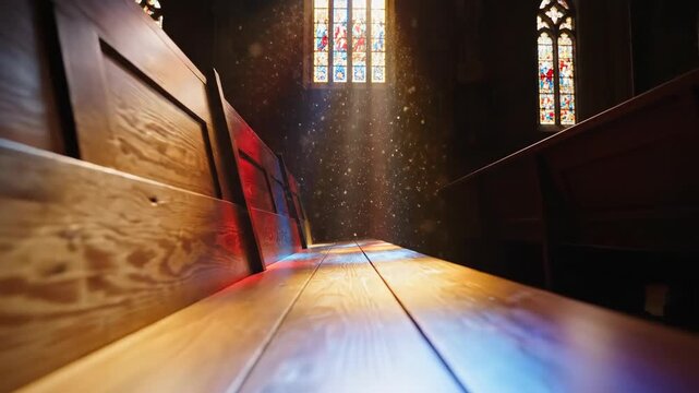 Sunlight changing direction on church pews. Stained glass window light reflection with dust particles for Christmas and worship.