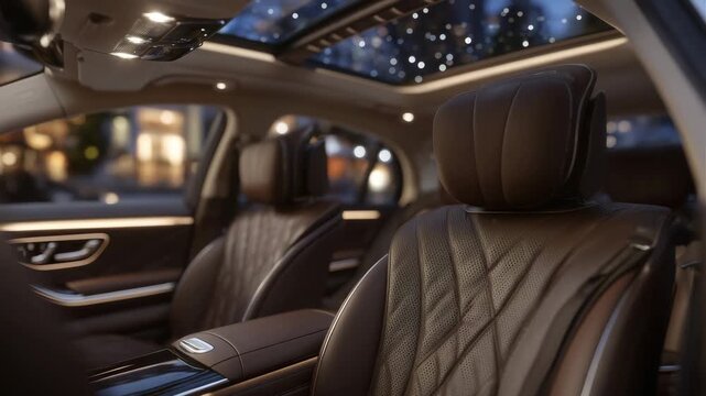 58Luxurious S-class interior captured from a low, intimate angle, focusing on the fine-grain brown leather seats, chrome trim, and soft illuminated panels that emphasize exclusivity