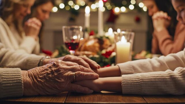 Close up of an elderly woman and younger woman holding hands on a dining table, having a Christmas holiday dinner and praying