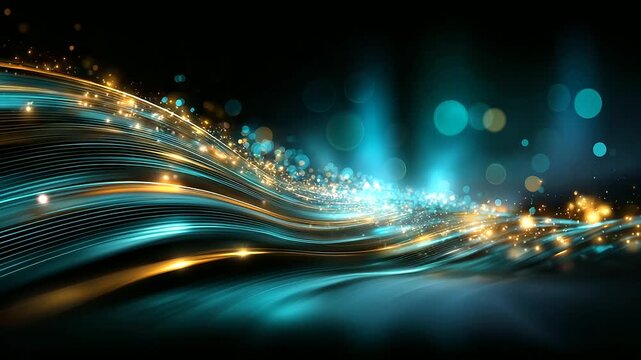 Glowing turquoise and golden light streams flowing in parallel lines, futuristic network visualization effect, dark background with bokeh elements defocused, with copy space