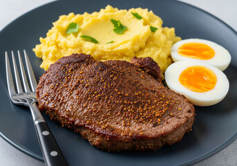 Roasted Goat Steak, Mashed Yam & Boiled Chicken Egg