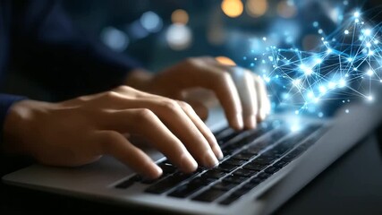 Hands typing on laptop keyboard faceless, digital network overlay, connectivity technology and cybersecurity symbolism, tech blogs IT services and digital transformation content, d - Powered by Adobe