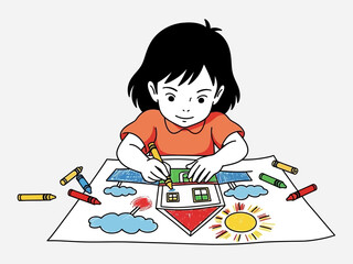 Young Girl Coloring with Crayons on Paper.