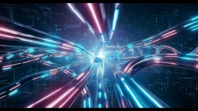 Futuristic urban transport with neon lit highspeed hyperloop journey
