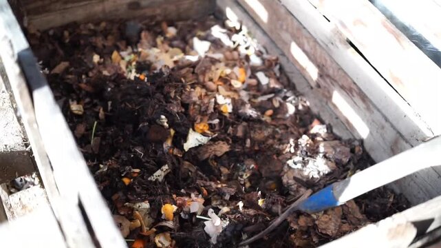 Turning Compost with a Garden Fork in a Wooden Compost Bin