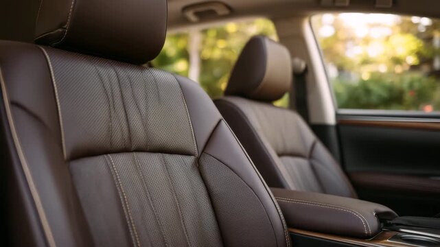 65Close-up isolation of premium brown leather upholstery in an expensive executive vehicle, highlighting the grain, softness, and impeccable finishing touches