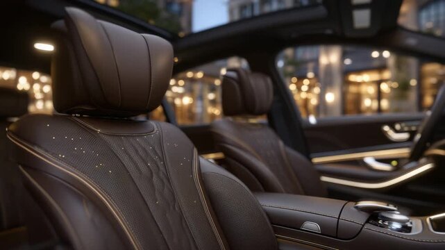 66High-end S-class interior detail showing luxurious brown leather surfaces, meticulously stitched contours, and elegant metallic inlays illuminated by warm cabin lighting