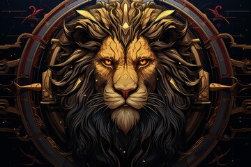 Regal lion head with golden mane and prominent glowing eyes staring intensely