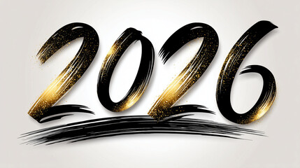 A highly detailed ultra-realistic festive New Year typography design featuring the year "2026" written in elegant modern calligraphy, combining bold black brush strokes with luxuri