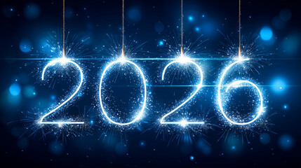 A highly detailed ultra-realistic festive New Year banner featuring glowing outlined numbers "2026" created from bright white sparkling light, fine luminous contours with scattered