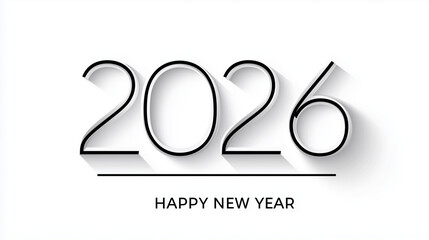 A clean minimalist New Year banner design featuring outlined numbers "2026" drawn with thin black continuous line art, smooth rounded contours with consistent stroke width, elegant