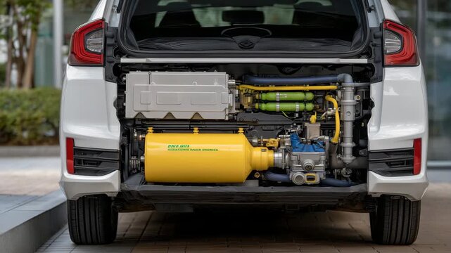 78Rear angle shot of a vehicle with the trunk open, yellow compressed natural gas cylinder securely fastened, with tubing and valves highlighted, symbolizing green automotive innovat