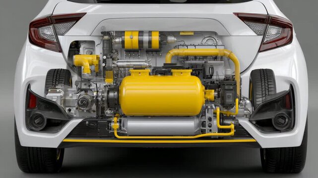 77Futuristic car with a yellow CNG tank installed in the rear trunk, GNV piping clearly visible, representing sustainable energy and alternative methane-powered vehicle technology