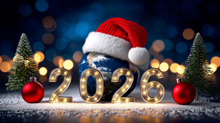A highly detailed ultra-realistic festive Christmas and New Year scene featuring the year "2026" represented with glowing metallic numbers, the zero replaced by a realistic globe o