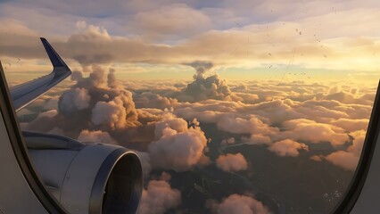 Aerial view of clouds from airplane window at sunset with wing and engine visible