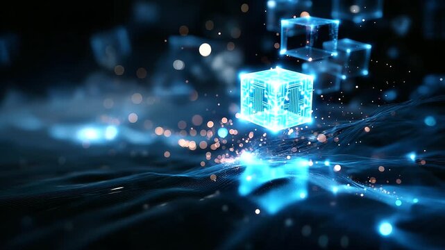 Futuristic abstract digital background with glowing blue cubic elements and data particles, technology innovation theme, big data representation, AI concepts, defocused depth, with