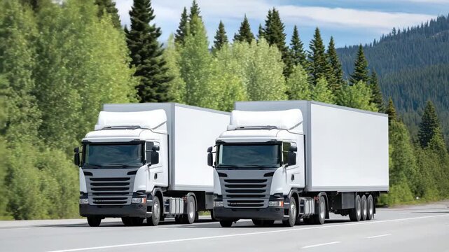 93Two white cargo trucks traveling in parallel on a sunny highway, surrounded by verdant trees under a clear sky, highlighting transportation, commerce, and industry