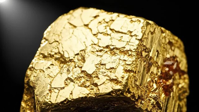 Rotating pyrite cube under dramatic lighting revealing golden texture and facets