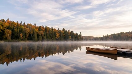 Calm lake with wooden canoe on dock surrounded by autumn trees and fog