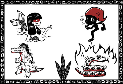 Characters from Brazilian folklore in woodcut style. Iara, Saci-Perer&ecirc;, Cuca, and Boitat&aacute;.