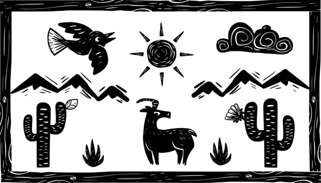 Brazilian northeast landscape, with cactus goat and bird. woodcut style