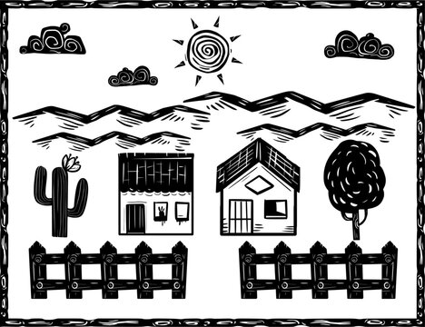 Scene of a rural setting in the Brazilian countryside, woodcut style.