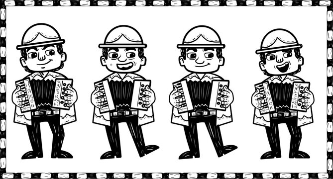 Collection of four accordion players. In woodcut style.