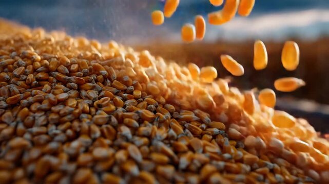 109Close-up agricultural process image of corn kernels spilling freely, golden yellow palette, dynamic movement, clean rural environment, modern food supply chain concept