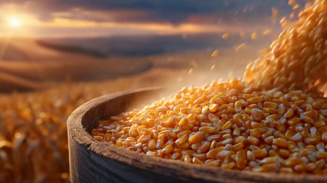 111Sunlit harvest scene featuring corn kernels flowing from a grain bin, gentle dust clouds and warm tones, countryside setting, abundance and agricultural efficiency theme