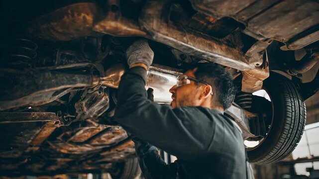 Medium shot of a mechanic fitting a sturdy shield around a catalytic converter under a car emphasizing protection and antitheft measures.