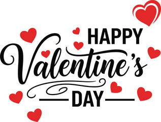Happy Valentine's Day decorative vector with elegant black script typography surrounded by multiple red heart icons of various sizes. © NR