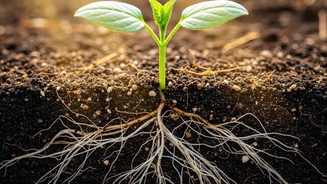 Growing seedlings with expanding roots in rich soil under warm sunlight