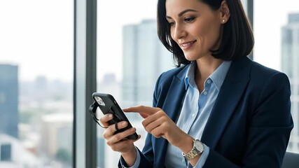 Confident businesswoman engaging with smartphone and expressing approval in office