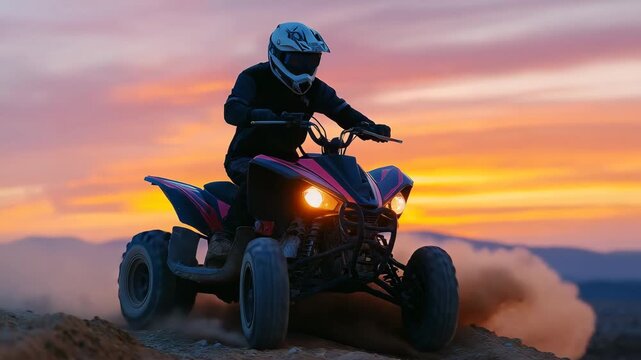 152Rider on quad bike captured in motion, silhouette against glowing sunset sky, desert sand kicked into the air, symbolizing adventure, freedom, and offroad excitement