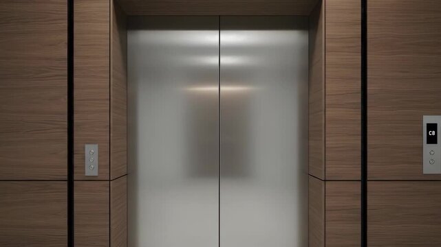 Modern elevator doors closing and opening in luxurious wooden interior setting