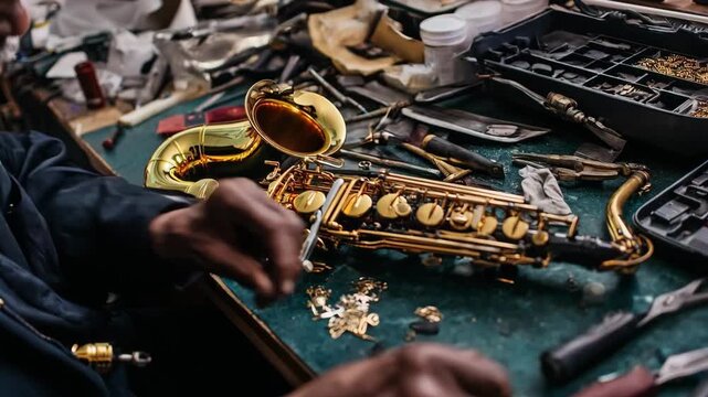 Expert worker cleans and polishes saxophone keys at a bench cluttered with specialized tools highlighting meticulous wind instrument maintenance.