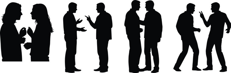 People, talking, silhouettes, conversation, discussion, argument, debate, communication, interaction, body, language, men, women, social, dialogue, isolated, white, background, concept