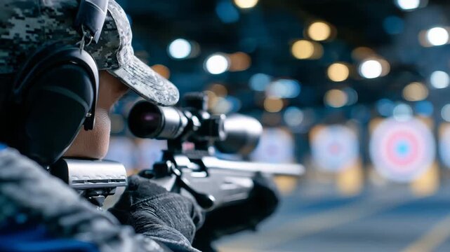176Professional marksman at indoor range, rifle aimed carefully, protective gear worn, bullseye target highlighted in frame, conveying skill, focus, and controlled precision