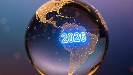 Glowing globe highlighting South America with 2026 projection