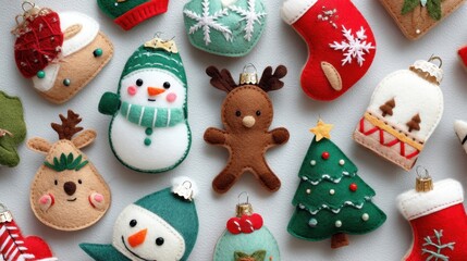 Colorful felt ornaments are arranged on a light surface. The designs include snowmen reindeer Christmas trees and stockings. These items can be used for holiday decoration.