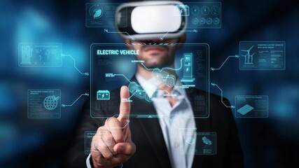A businessman interacts with a virtual reality interface showcasing electric vehicle technology and data infographics, representing innovation in a digital workspace. Raster - Powered by Adobe