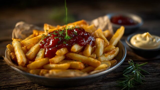 198Golden french fries piled high in a metal bowl with paper liner, smothered in rich red tomato ketchup and served with creamy mayonnaise on the side, crispy texture and warm lightin