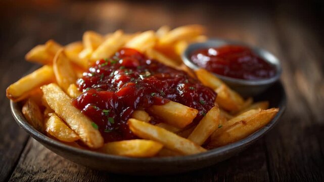 207Metal bowl with golden fries, ketchup generously applied, mayonnaise dip on side, shallow depth of field emphasizing crispy fries and glossy condiments for social media food photog